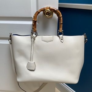 Ivory Italian leather bag with blue suede lining